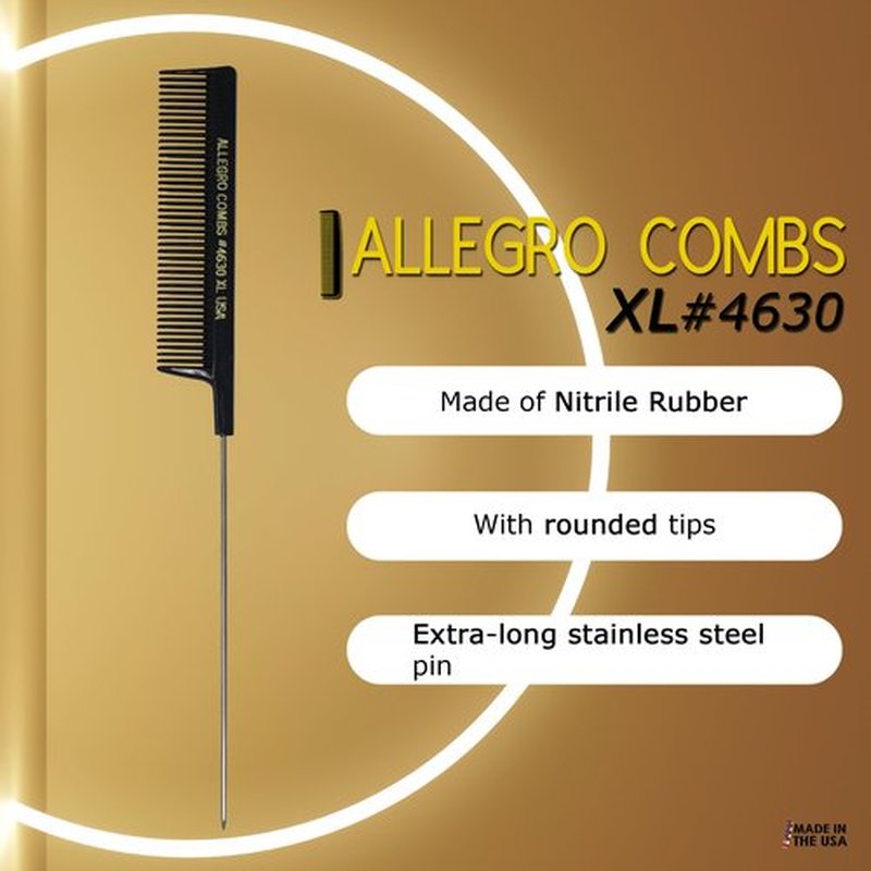 Allegro Combs LX #4630 - Set of 2 Coarse Teeth Pintail Combs, Stainless Steel Pins 1 Set (Black)