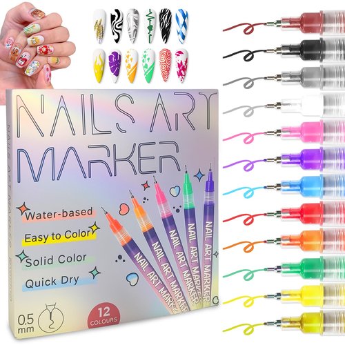 12 Color Nail Art Pens,0.5 MM Diy Nail Art Markers for Painting Nails,Quick-drying & Waterproof Acrylic Ink Nail polish Pens