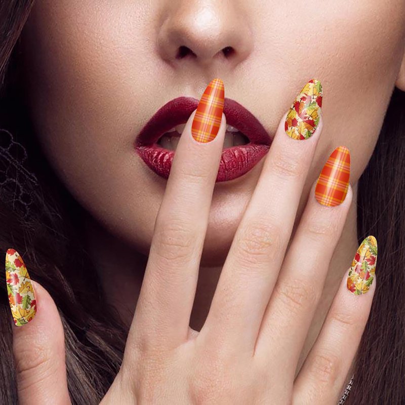 XEAOHESY 30 Sheets Maple Leaf Theme Halloween Stick On Nail Polish Strips Nail Stickers Decals Holiday Full Nail Wraps for Women Halloween Nail Art