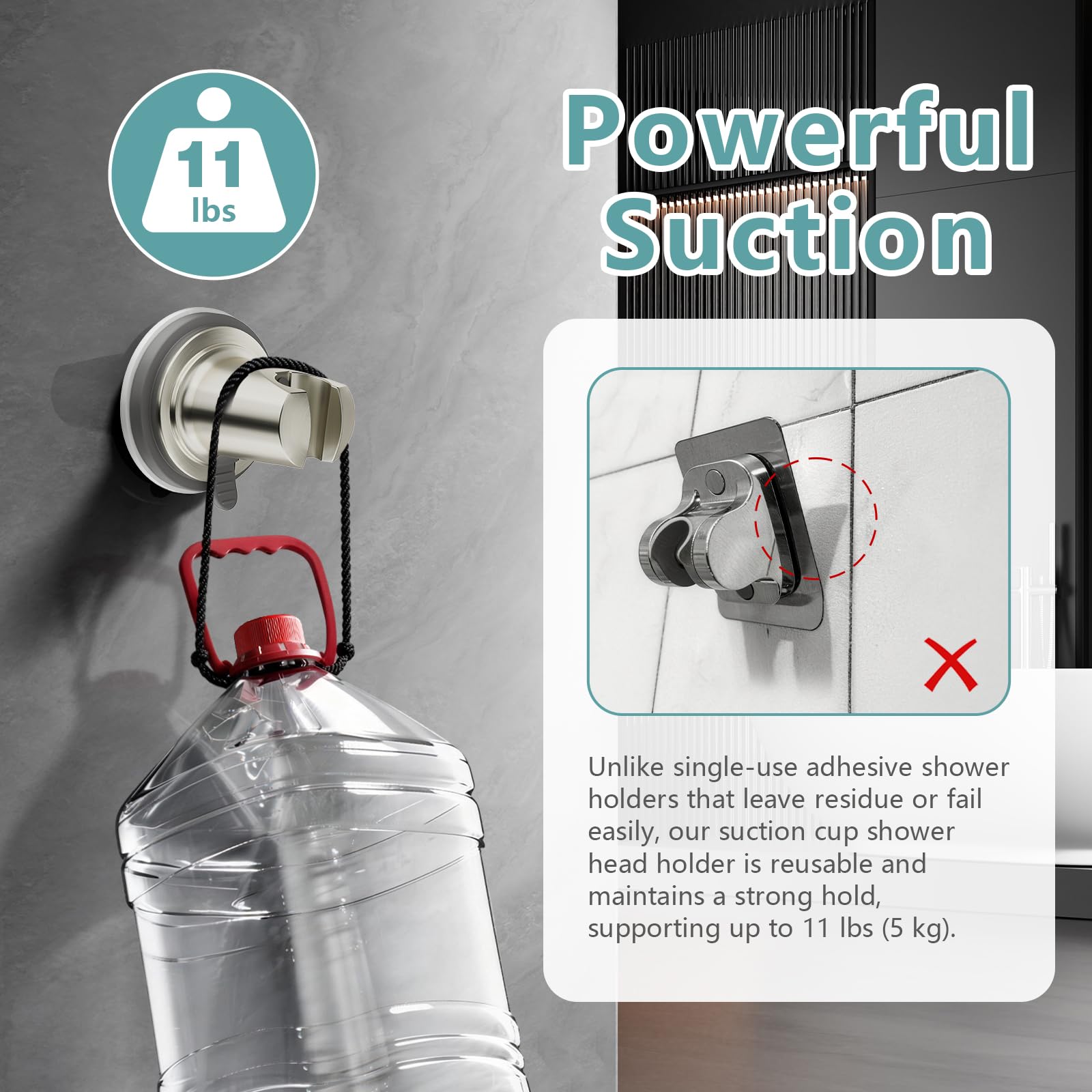 EAARSUO Handheld Shower Head Holder Suction, Removable No Drill Shower Wand Bracket Wall Mount, Vacuum Suction Cup Showerhead Holder Adhesive (1, Brushed Nickel)