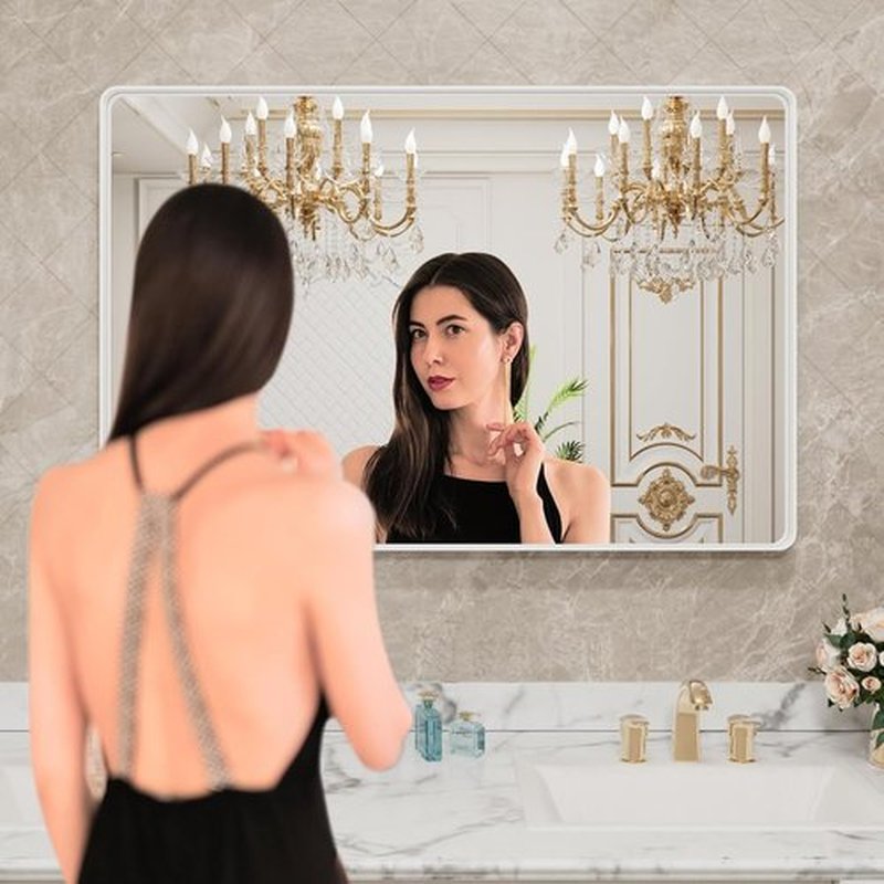 LOAAO White Metal Framed Bathroom Mirror - Large 40x36 Inch Rounded Rectangle | Anti-Rust Tempered Glass