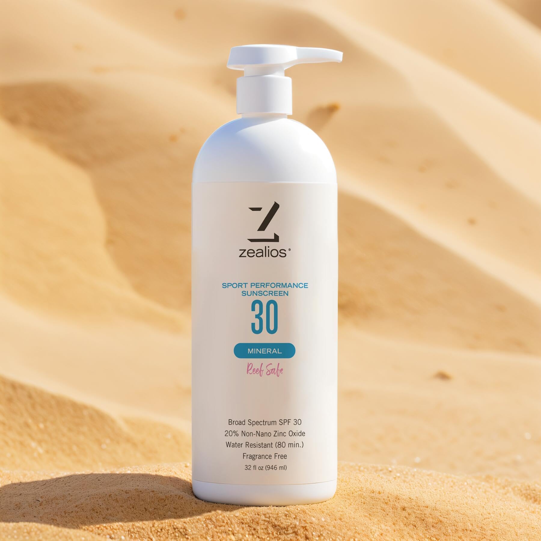 Zealios Sport Performance Mineral Reef Safe SPF 30 Sunscreen, 32 oz Bottle Plus Travel Bottle, Water & Sweat Resistant (80 min) Non-Greasy, 20% Non-Nano Zinc Oxide for Running, Cycling, Swimming