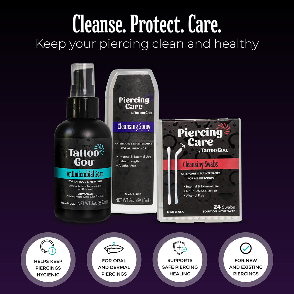 Tattoo Goo Piercing Care Kit, 3-Piece Set with Cleansing Soap, Cleansing Spray & Medicated Swabs, Aftercare for Clean and Comfortable Dermal & Oral Piercings, No Alcohol