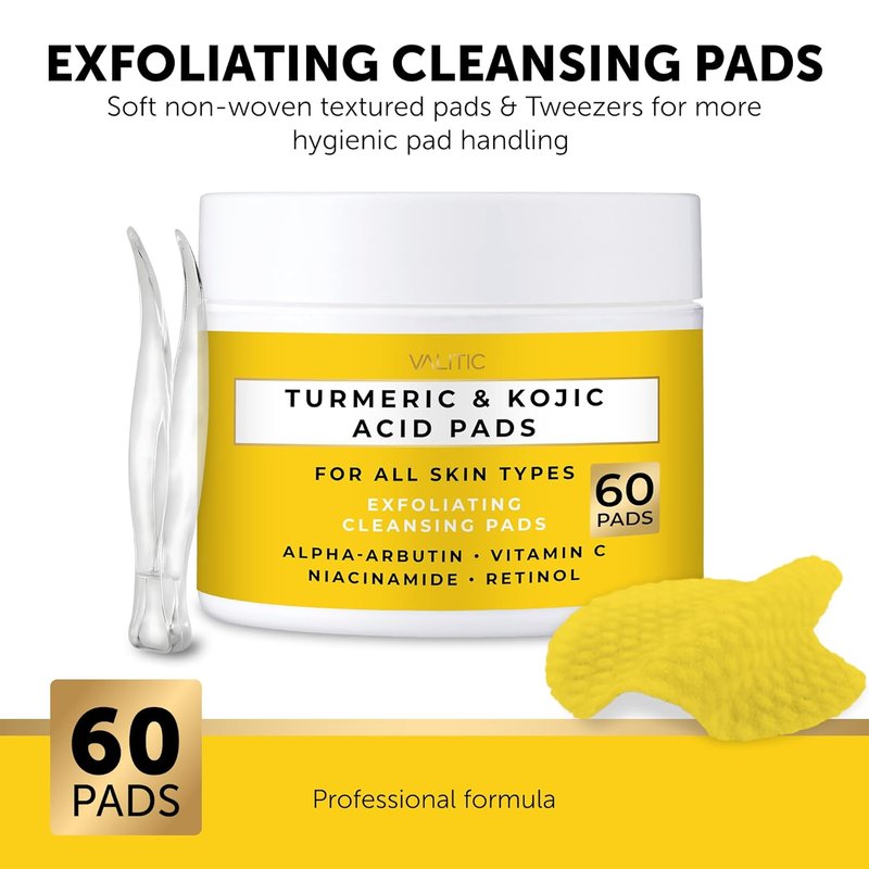 VALITIC Turmeric Kojic Acid Cleansing Pads - Exfoliating Dark Spot Remover with Vitamin C & Retinol - 60 Count