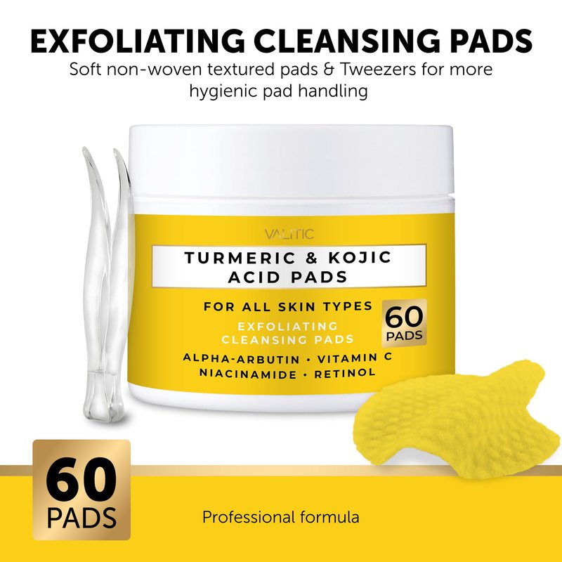 VALITIC Turmeric Kojic Acid Cleansing Pads - Exfoliating Dark Spot Remover for Face with Vitamin C, Alpha Arbutin, Niacinamide and Retinol - Kojic Acid And Turmeric Cleansing Pads - 60 Units