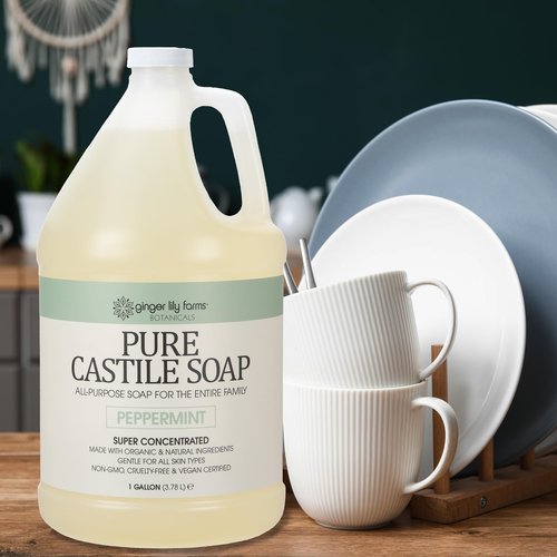 Ginger Lily Farms Botanicals Pure Castile Liquid Soap Refill, Peppermint Scent, 1 Gallon, All-Purpose Cleaner for Body, Face, Hair, Dishes, Laundry & Pets, Non-GMO, 100% Vegan & Cruelty-Free