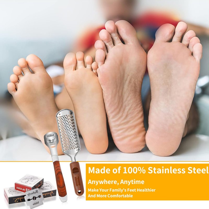 Yihurlm Foot Rasp & Callus Shaver Set,1 Wood Handle Foot Razor with 30 Replacement Slices Blades,1 Foot File Heads,1 Pedicure Feet File,Stainless Steel Feet Care Tools Callus Remover for Feet Hand