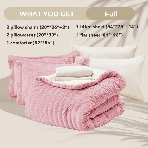 HYMOKEGE Full Size Comforter Set - Luxury Seersucker 7-Piece Bedding in Pink/Ivory for All Seasons