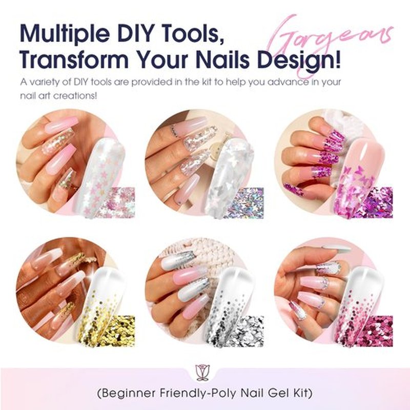 ROSALIND Poly Nail Gel Kit Starter -14 Colors + 72 Nail Art Accessories kit Builder Clear Pink Glitter Gel with Mini U V Lamp Nude Pink Strengthener 3D Molding