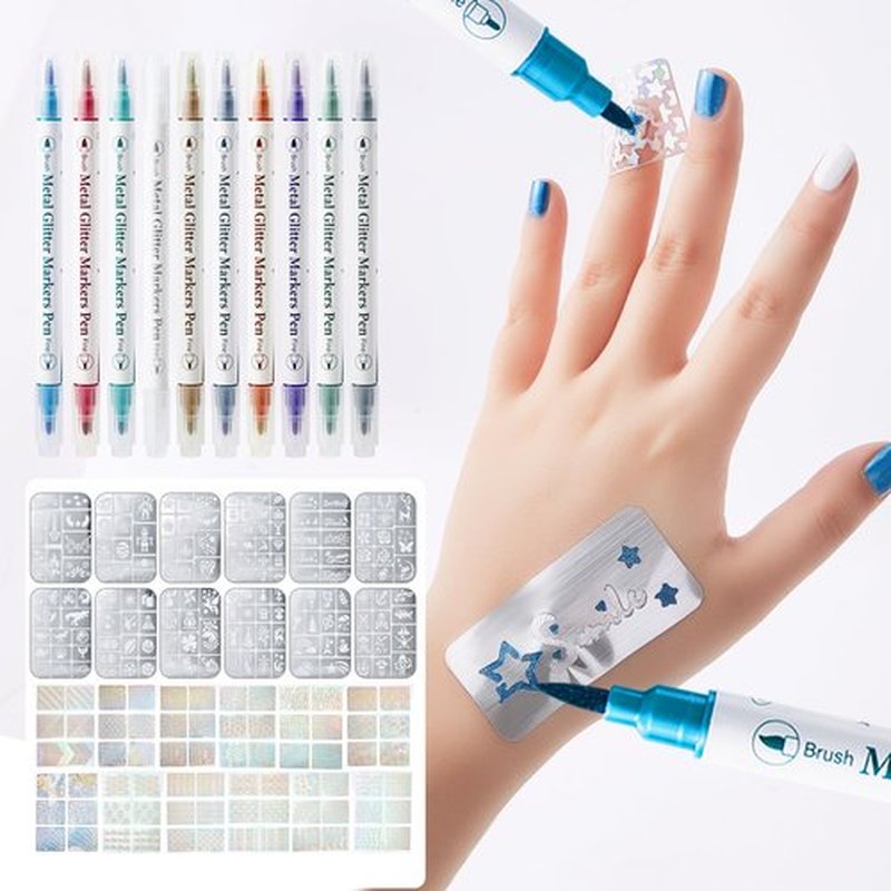 Temporary Tattoo Markers for Skin, 10 Dual-End Tattoo Pens Body Markers with Bold and Fine Lines, 160 Tattoo Stencils and 72 Glitter Nail Stickers, Skin Safe