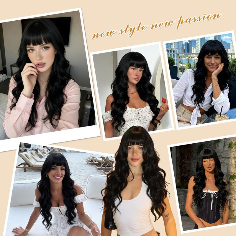 VOZIFAXIU Black Wig with Bangs for Women 26 Inch Long Wavy Black Wigs Synthetic Heat Resistant Wig for Daily Party Use