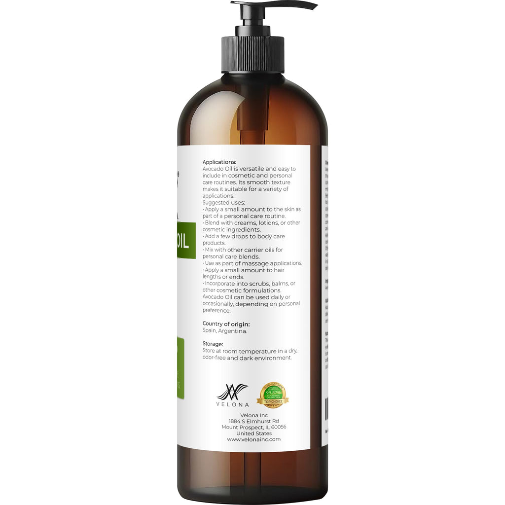 velona Avocado Oil 16 Fl Oz | 100% Pure and Natural Carrier Oil | Expeller-Pressed | Hair, Body and Skin Care | Use Today - Enjoy Results