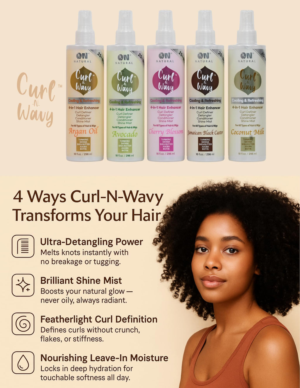 On Natural Curl-N-Wavy 4-in-1 Hair Enhancer For All Hair Texture [Jamaican Black Castor] 3.4 OZ