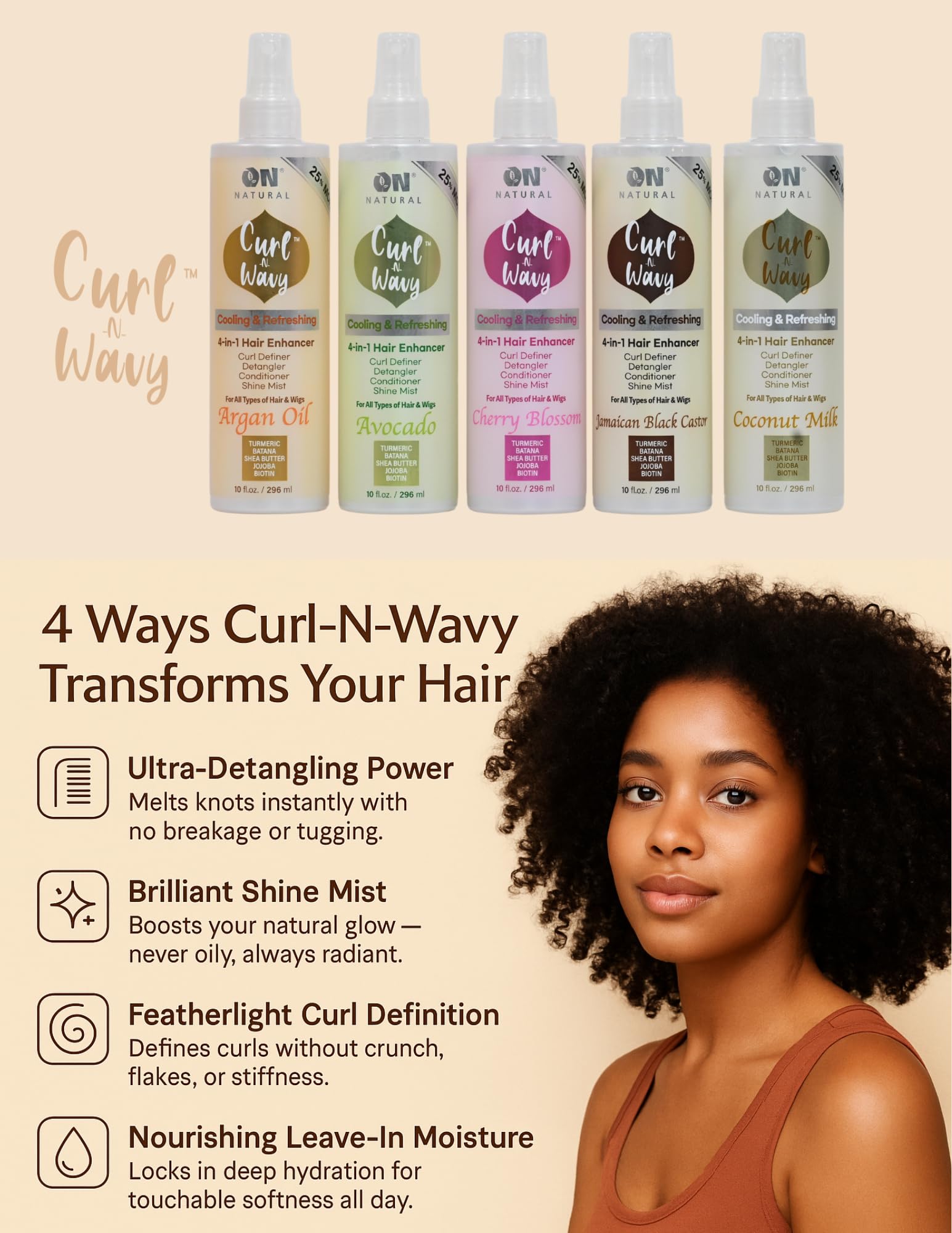 On Natural Curl-N-Wavy 4-in-1 Hair Enhancer For All Hair Texture [Jamaican Black Castor] 3.4 OZ