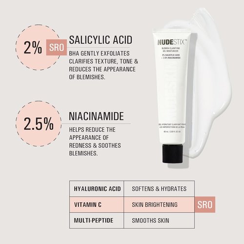 Nudestix Blemish Clarifying Gel Moisturizer - Lightweight Salicylic Acid Acne Treatment with Niacinamide & Cica | Hydrating Vegan Formula for Clear, Balanced Skin