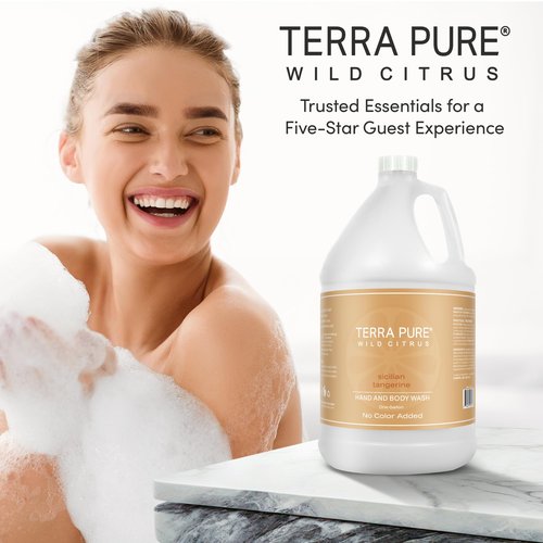 Terra Pure Wild Citrus Gallon Hand & Body Wash – Refill Jug for Hotels, Vacation Rentals, Guest Homes, Spas, Gyms | Bulk Liquid Soap Toiletries | No Color Added | For Sensitive Skin & Daily Use