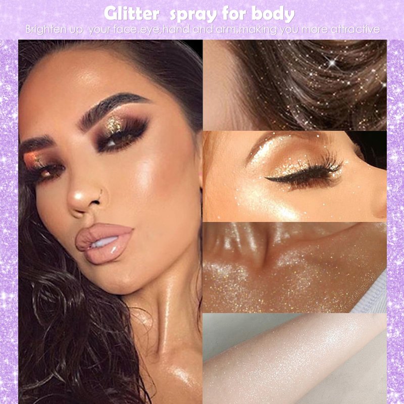 Yosca Highlighter Powder Spray, 20ML Cosmetic High Gloss Body Shimmer Powder Fairy Dust Highlighter Sparkle Face Makeup Setting Magic Diamond Glitter Spray Shimmer Face Body Skin Hair Clothes