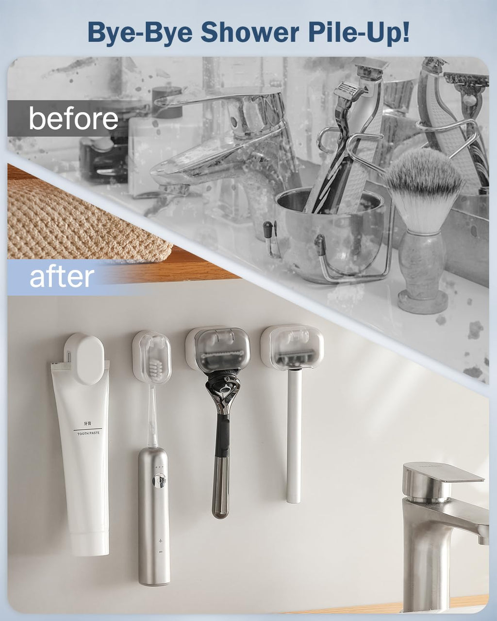 BEZOX Wall Mounted Razor Holder (2-Pack) – Auto-Closing Dust Cover, No-Drill Adhesive Mount Razors Hanger for Shower & Bathroom – Sleek Razor Stand for Men, Safety Razor Organizer with Secure Hooks