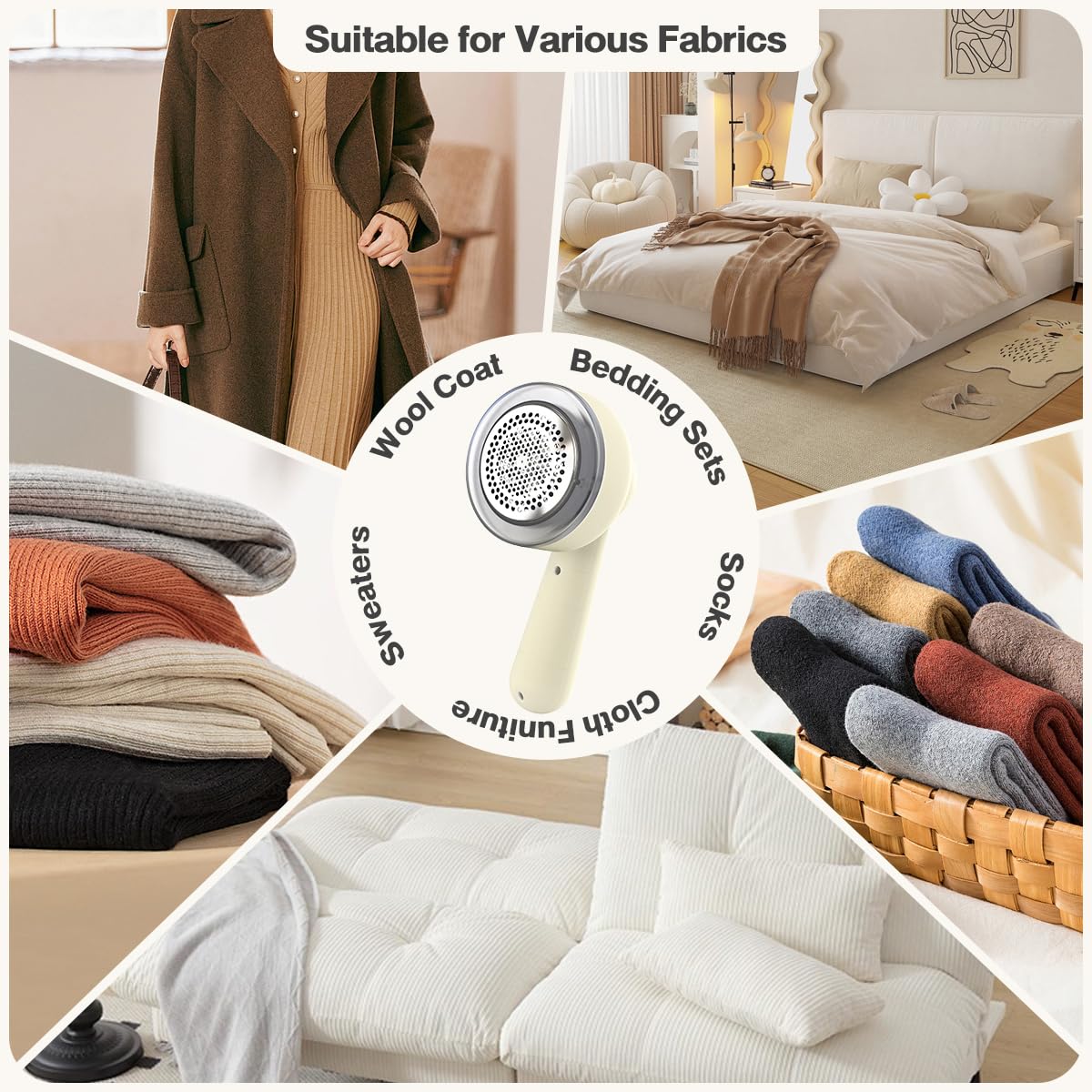 Ventosud Fabric Shaver Lint Remover Rechargeable, Clothes Shaver Pill Remover with 6-Leaf Blades LED Digital Display 3-Gears Adjustable for Clothing Couch Furniture, Cream White