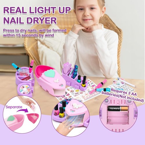 Nail Kit For Girls - Girls Toys 8 -10, Kids Nail Polish Set with Nail Dryer & Temporary Tattoo Kids, Spa Day Kit for Girls, Manicure Birthday Gifts Toys for Girls 6 7 8 9 10-12 Years old