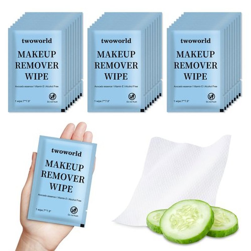 Twoworld Makeup Remover Wipes Bulk Individually Wrapped,Travel Makeup Wipes Gentle for Face Cleansing Mascara Lipstick Travel Hotel(Cucumber,Pack of 50)