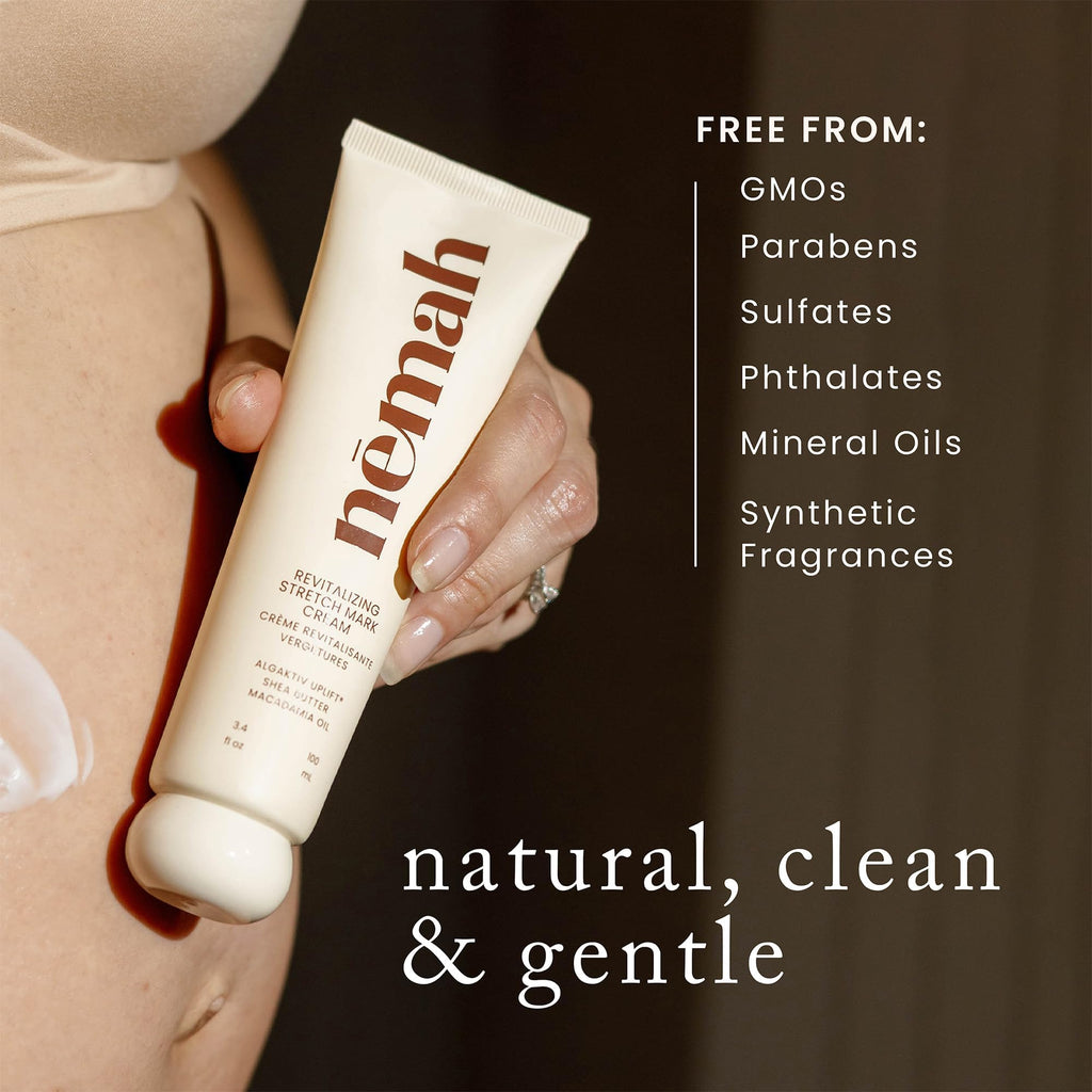 Nemah Stretch Mark Cream for Pregnancy, Moisturizing Belly Cream with Algaktiv UpLift, Shea Butter & Macadamia Oil, Pregnancy Body Cream for Belly, Hips & Thighs, 3.4 oz