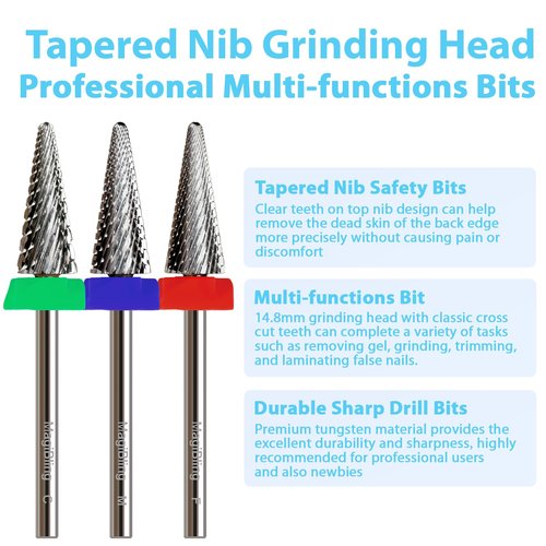 Tapered Nib Nail Drill Bit 3/32" Cross Cut, Safety Tungsten Carbide Cone Bit for Cuticle Cleaning, Dead Skin Removal, Gel Polish Removal, Two-Way Rotation E-File Bit for Manicure & Pedicure, Medium
