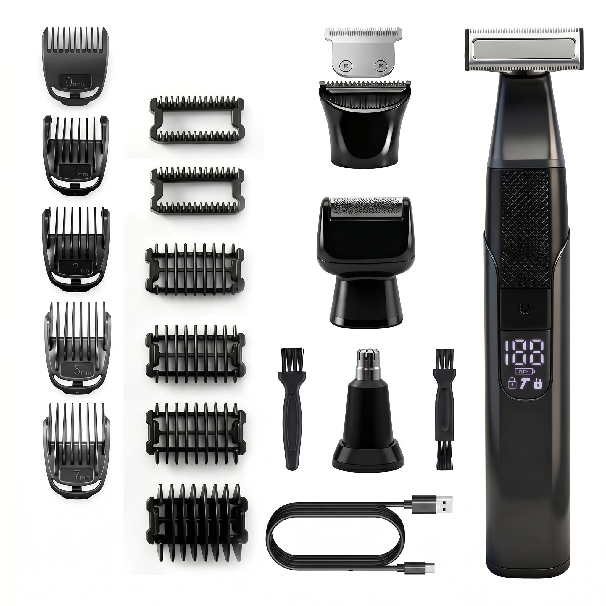 4-in-1 Electric Body Hair Trimmer for Men, Waterproof Grooming Kit with T-Blade, Foil Shaver & Nose Hair Trimmer, LED Display, USB-C Rechargeable, Wet & Dry Use, 6 Guide Combs (0-7mm)
