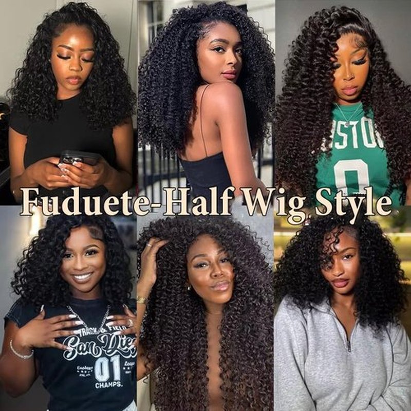 Fuduete 16 Inch Curly Half Wig Human Hair 200% Density Glueless Wigs Upgrade 3 IN 1 Half Wig With Drawstring Seamless Clip Ins Flip Over Kinky Curly Human Hair No Glue No Lace For Women