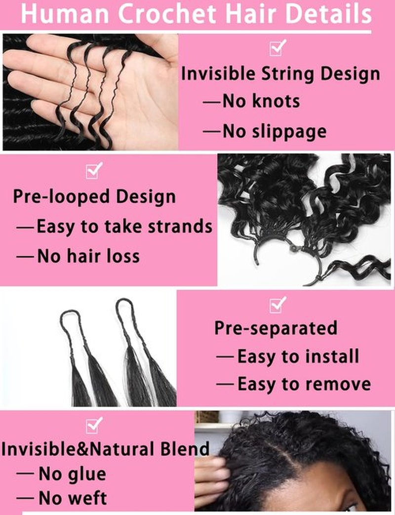 Tealoves Human Crochet Hair Curly 16inch 120g Crochet Human Hair Pre Looped Deep Wave Crochet Bundle Pre-Separated Feather Knotless Invisible Curly Crochet Hair for Women 1B