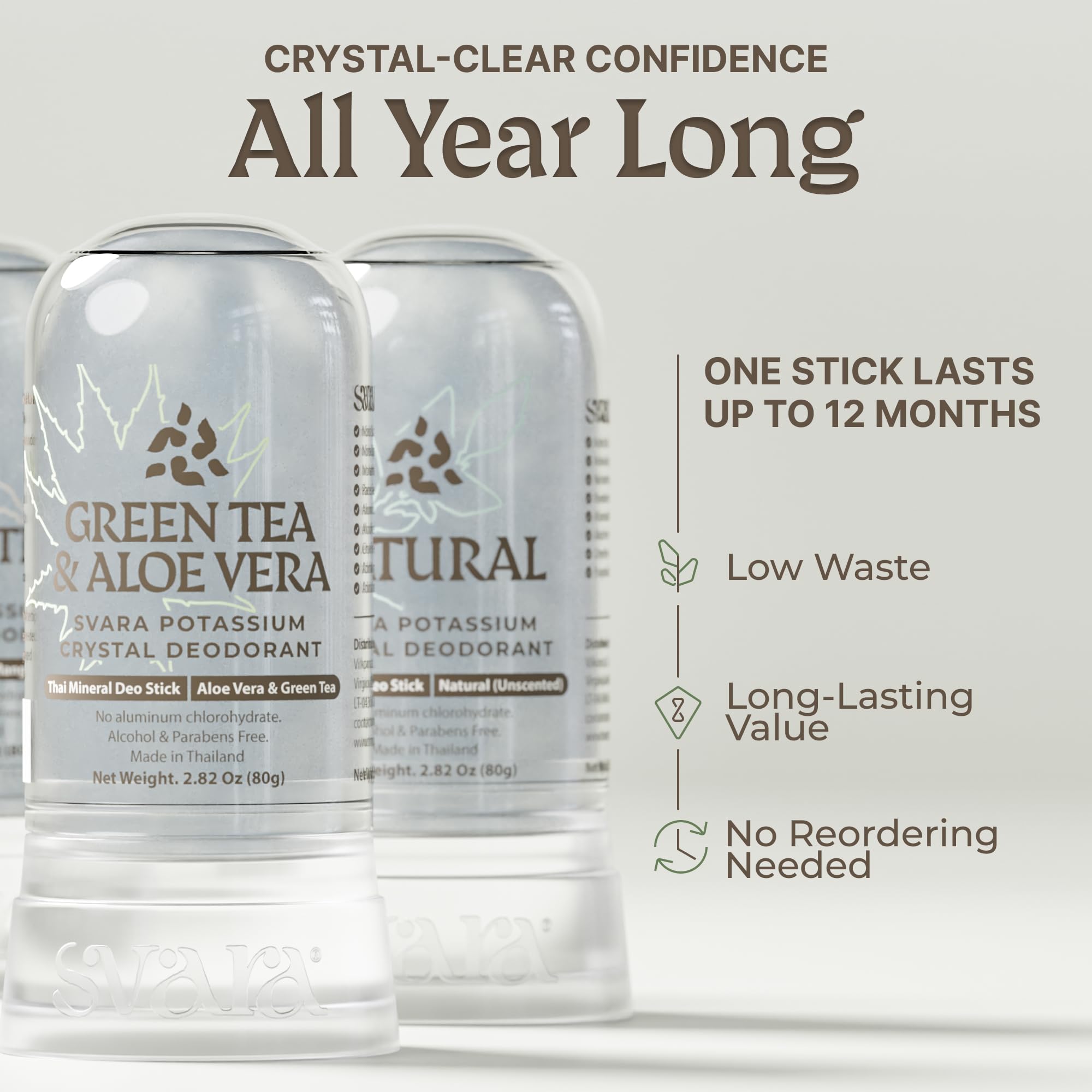 SVARA Natural Alum Crystal Deodorant Stick for Women & Men – Potassium Alum Stone for Odor Control,Non-Sticky Mineral Rock Design for Daily Freshness & Easy Application–Green Tea & Aloe Vera (2.82Oz)
