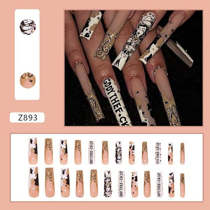 Rilafuvu XXL Press on Nails Extra Long Fake Nails Ombre Cow color Nails press ons Glue on Nail Acrylic Nail Glossy Coffin False Nails for Women 24Pcs (cowboy long square nails)
