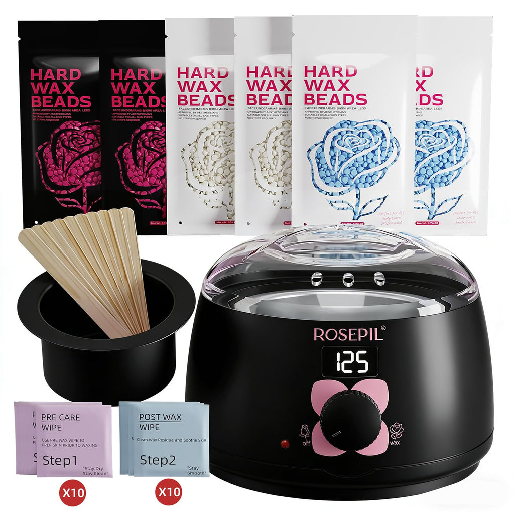Rosepil Waxing kit for Women - Wax Warmer with Smart Temp Control, 6 Packs (3 Colors) Wax Beads for Targeted Hair Removal - Ideal for Body, Bikini, face, Home Salon Use
