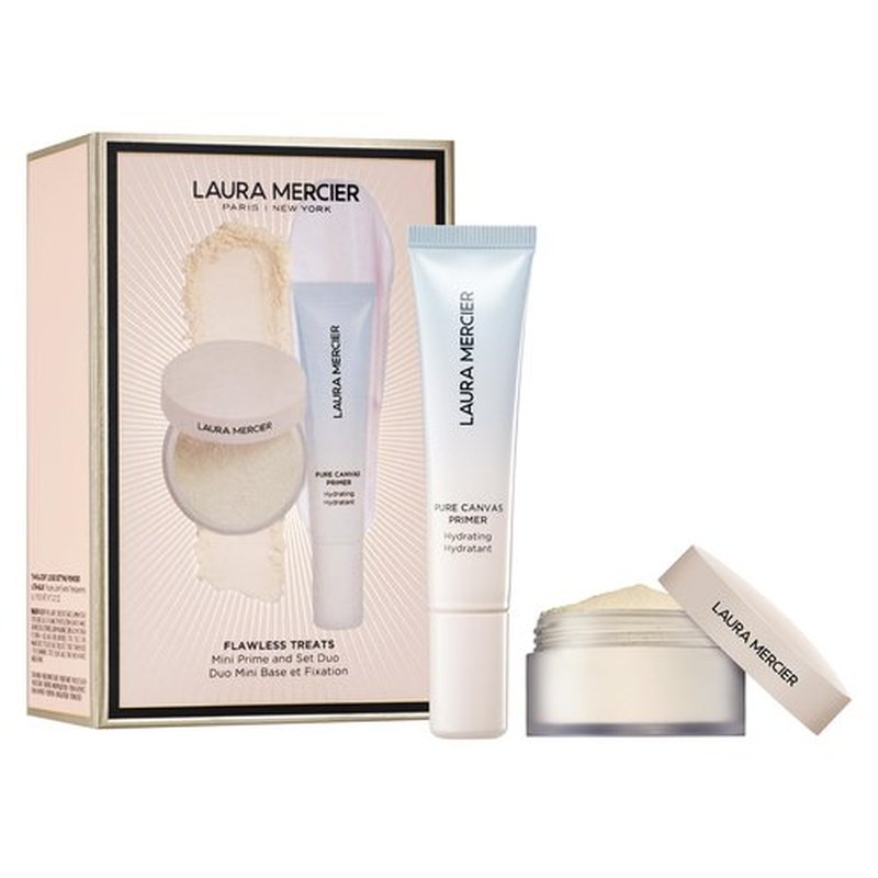 Laura Mercier Flawless Treats Mini Prime + Set Duo, Talc-Free Translucent Loose Setting Powder Ultra-Blur, Hyaluronic Acid Infused, Hydrating Primer, For Normal to Dry + Mature Skin, Holiday Gift Set