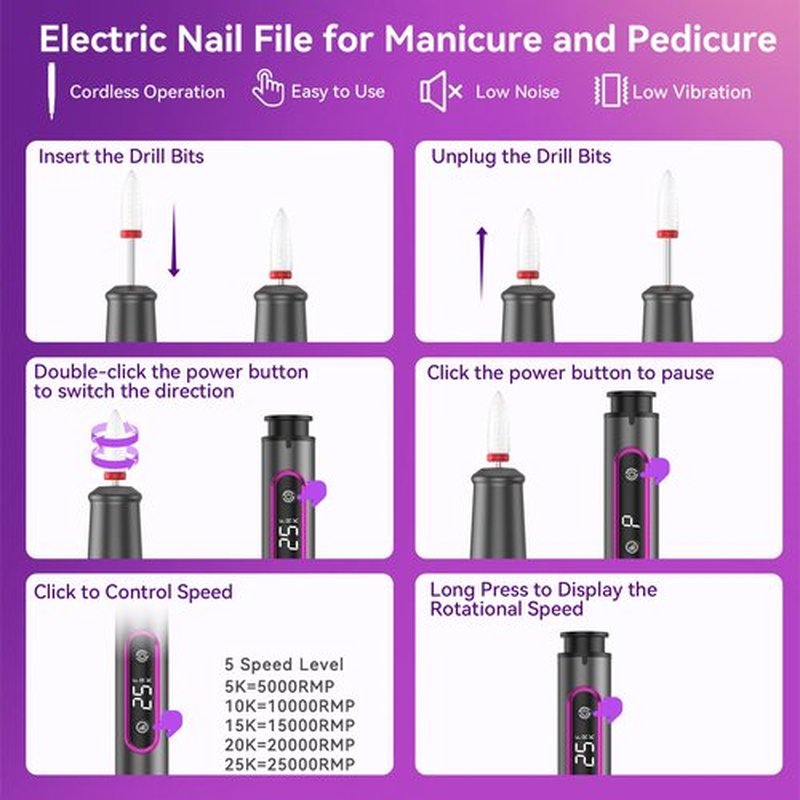 RAZOWISE Electric Nail Drill: Professional for Acrylic Gel Powder Nails Portable Nail Drill for Manicure Pedicure Nail Efile 5 Speeds 12 in 1 with LED Display Rechargeable, Grey