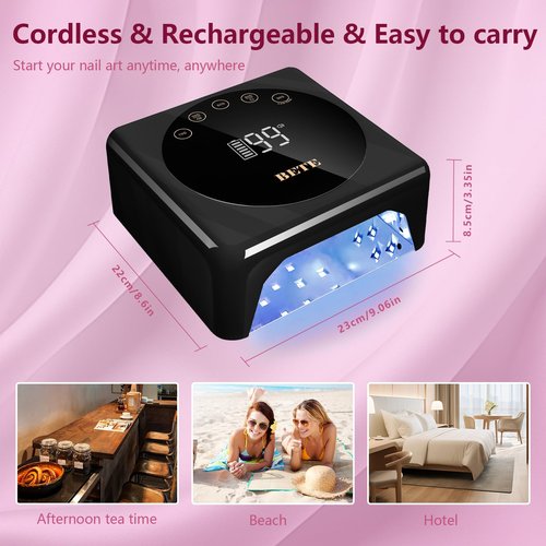 BETE Cordless LED Nail Lamp, 78W Rechargeable UV Nail Light, Intelligent Infrared Sensor and LCD Display Curing Nail Lamp, Portable Nail Dryer Gel Polish Light with 5 Timer Setting Black