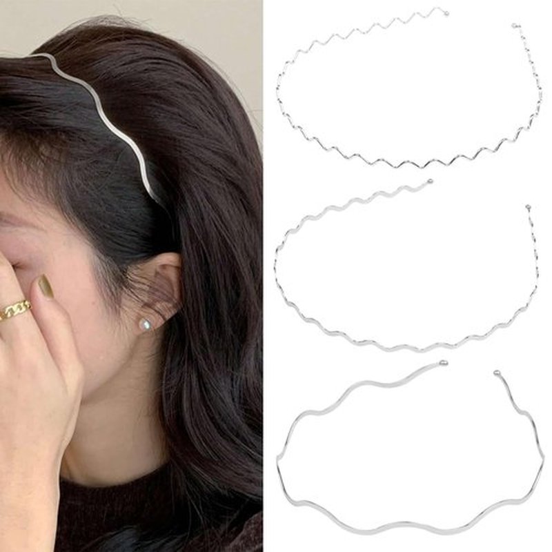 TEBIEKOY Silver Metal Wavy Headbands for Women, Elastic Hair Bands Stylish Thin Wavy Head Bands, Trendy Silver Hair Accessories Cute for Women Teens, 3 Pcs