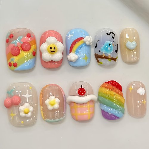 Cute 3D Handmade Press On Nails Short-Rainbow Short Press On Nails for Women and Girls-Colorful Square False Nails with Designs, 10Pcs