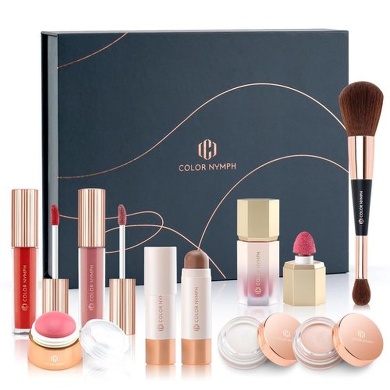 Color Nymph Face Makeup Kits, Makeup Gift Sets For Girls Make up Gift Sets For Women With Lipgloss Liquid Blush Solid Blusher Highlighters Contour Stick and Double-ended Brush -Special Edition