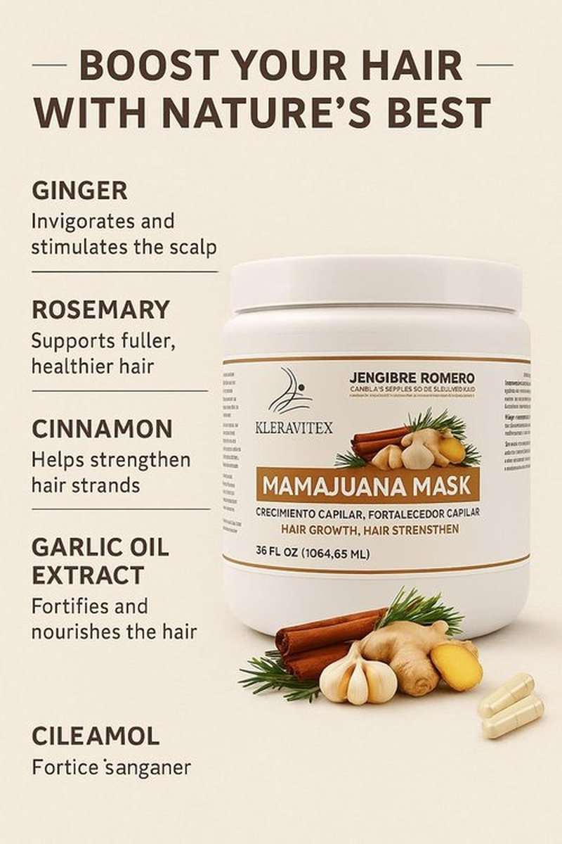 Kleravitex Mamajuana Hair Mask - Deep Nourishing Treatment with Ginger & Rosemary - 60 OZ Paraben & Sulfate Free