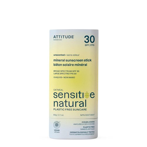 ATTITUDE Mineral Sunscreen Stick - SPF 30, EWG Verified, Plastic-Free, Unscented, 2.1 Ounces