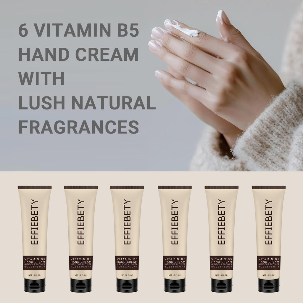 EFFIEBETY Vitamin B5 Hand Cream 6 Pack, Fast-Absorbing & Non-Greasy for Deeply Hydrated, Soft Skin, Infused with Hibiscus Flower, Rose & Peony, Vegan & Cruelty-Free (1 fl oz)