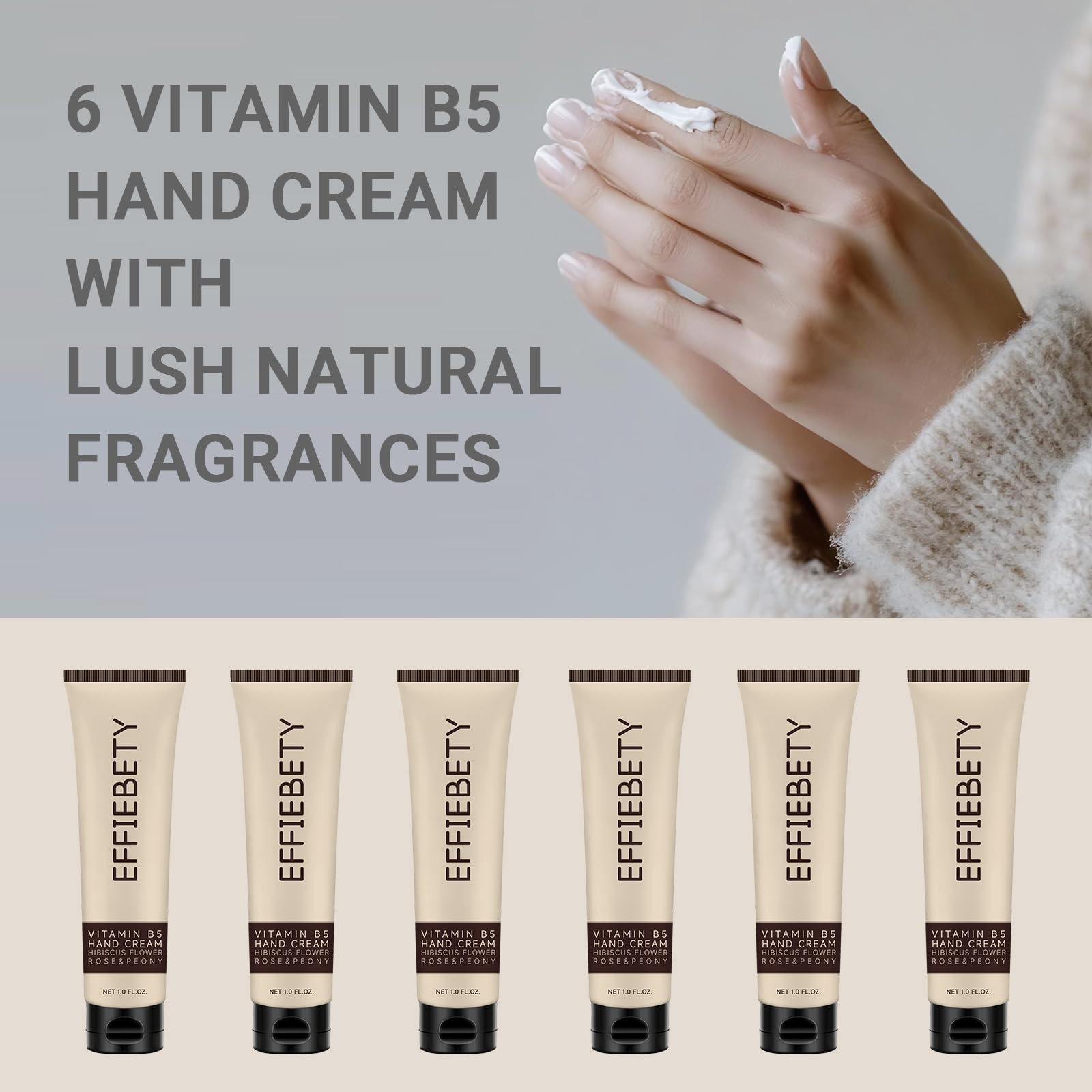 EFFIEBETY Vitamin B5 Hand Cream 6 Pack, Fast-Absorbing & Non-Greasy for Deeply Hydrated, Soft Skin, Infused with Hibiscus Flower, Rose & Peony, Vegan & Cruelty-Free (1 fl oz)