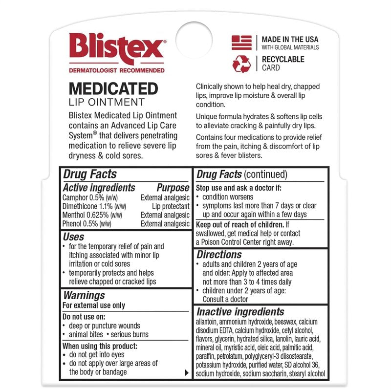 Blistex Medicated Lip Ointment - Relieves Cold Sores & Heals Dry Lips | 0.21 Oz Tube, 3 Count