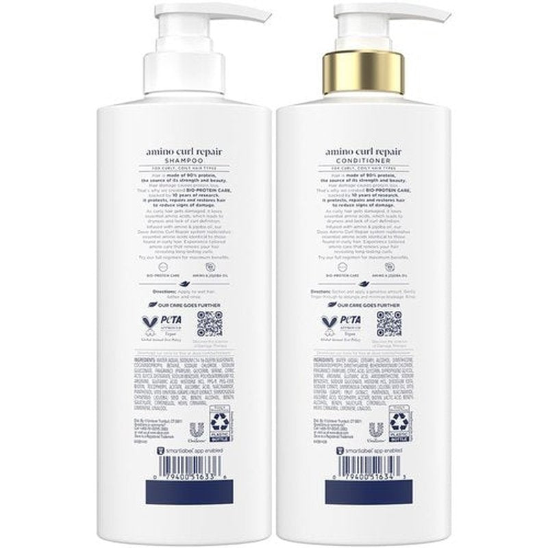Dove Shampoo and Conditioner Set, Amino Curl Repair – Damage Therapy Bio-Protein Care Formulas for Revitalizing Coily, Curly Hair, 18 Oz Ea