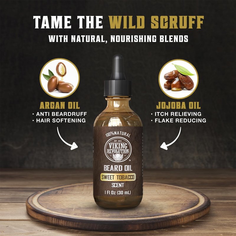 Viking Revolution Sweet Tobacco Beard Oil - Natural Argan & Jojoba Oil Beard Conditioner | Softens & Moisturizes (1 Pack)