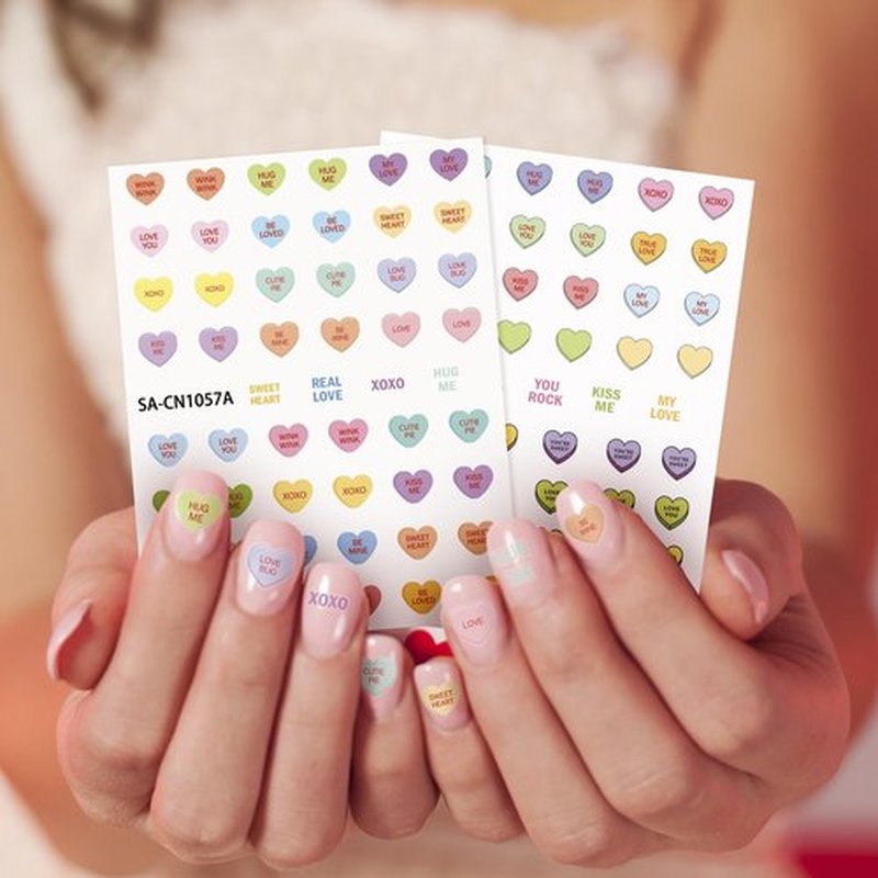 CNhoqc 8 Sheets Valentine’s Day Conversation Heart Candy Color Nail Sticker, Valentine’s Theme Colorful Nail Sticker with Sweet Words Hug Me Be Mine Cute Nail Decals for Girls DIY Manicure Supplies