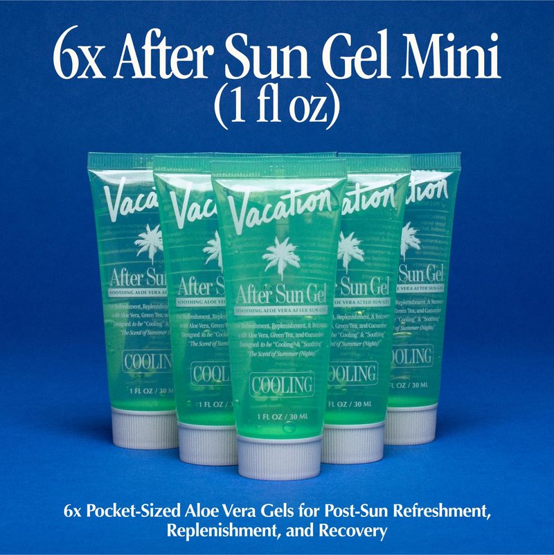 VACATION Mini After Sun Gel, Travel Size Soothing Aloe Vera Gel for Sunburn Relief, Hydrating & Cooling, Non-Sticky Aftersun Care, 1oz (Value Pack of 6)