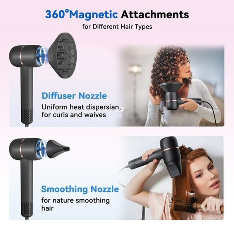 Ionic Hair Dryer Fast Drying, 160000 RPM High-Speed Brushless Motor, Thermo-Control Professional Blow Dryer, Low Noise, Lightweight, Magnetic Concentrator and Diffuser for Curly & Straight Hair, Gray