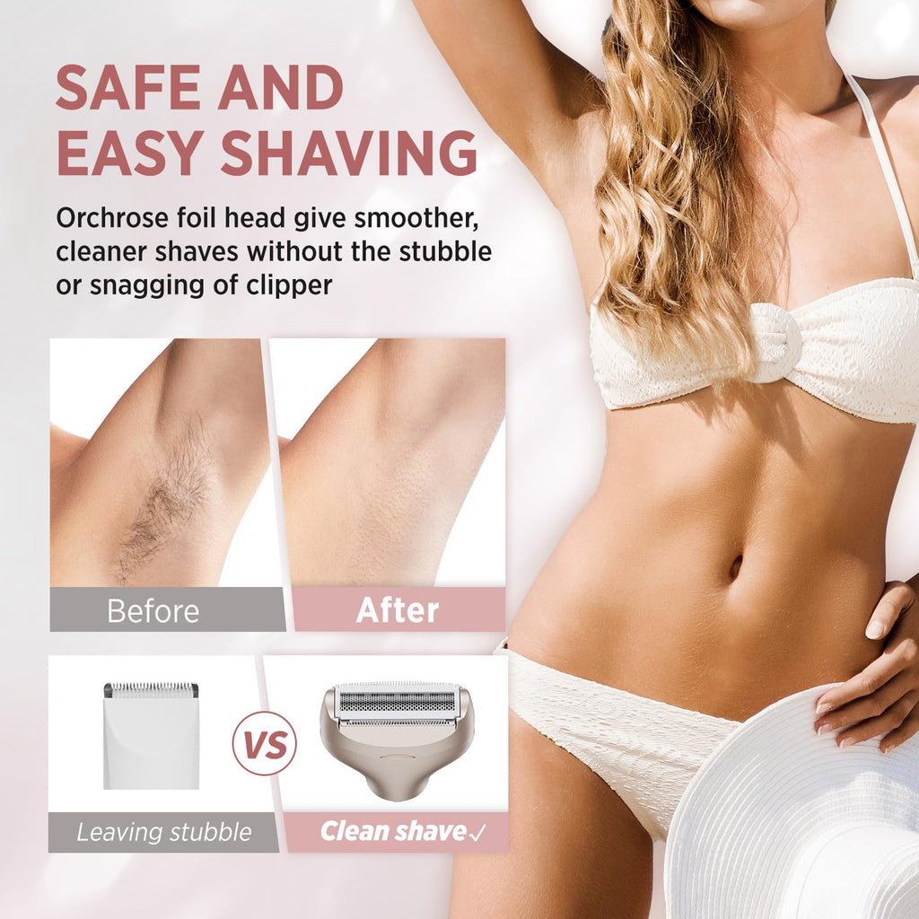 Orchrose Electric Razor for Women 3-in-1: Painless Rechargeable Shaver for Face Legs Underarms and Bikini Area – with Bikini Trimmer Head